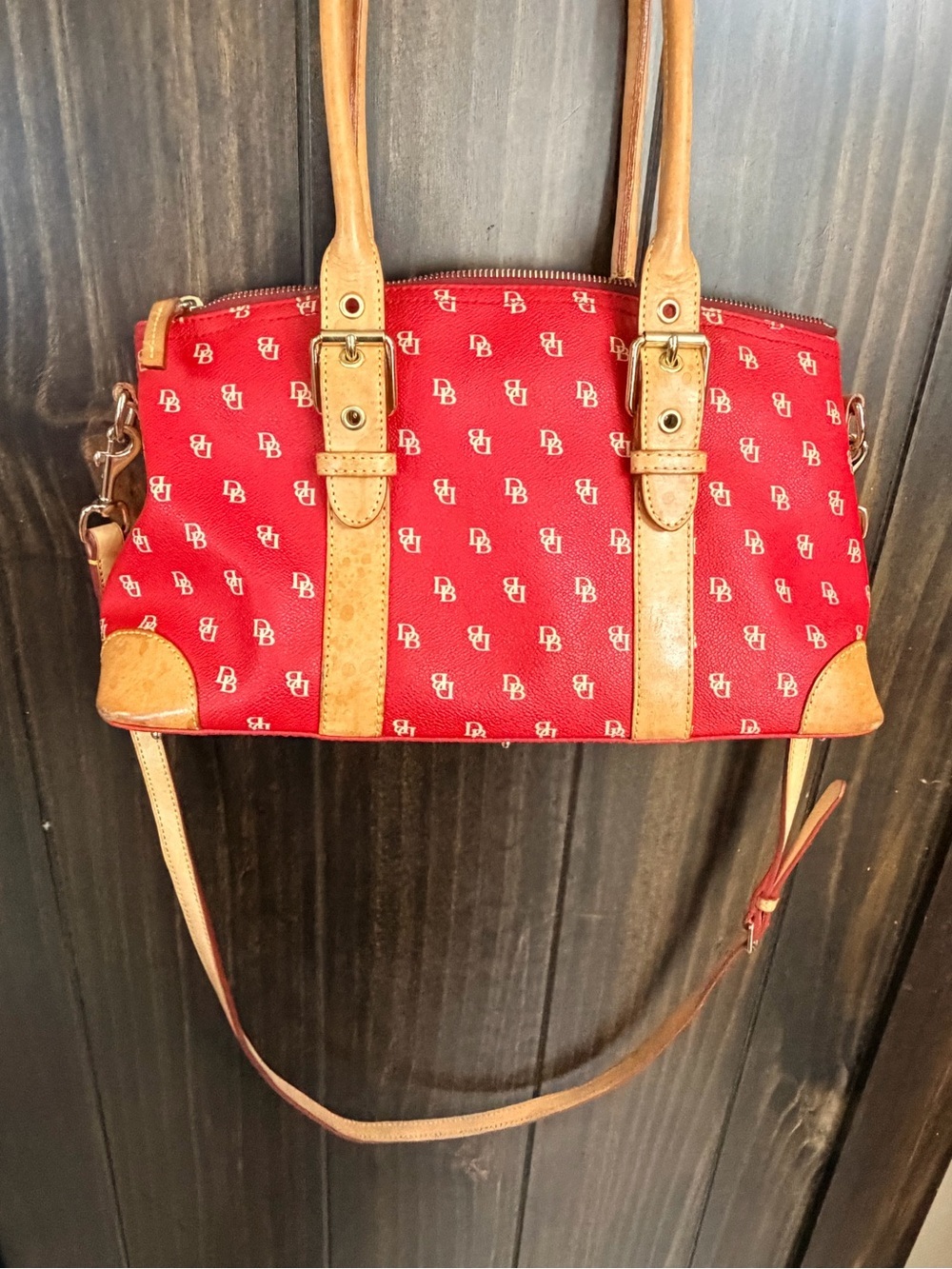 Dooney & Bourke Red Logo Canvas Shoulder Bag w/ Tan Leather Trim crossbody strap - Picture 12 of 13